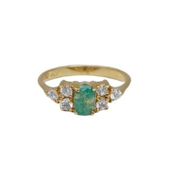 Green Stone and CZ Gold Ring - Picture 2 of 11